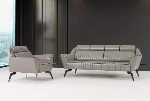 Grauer Leder Dreisitzer Arbeitszimmermöbel Designer Holzmöbel Luxus