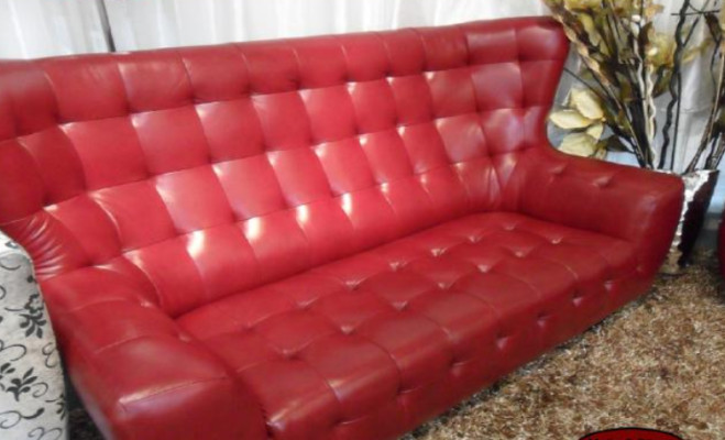 Sofagarnitur Chesterfield Sessel Sofa Set 3 tlg Ledersofa Rot Modern