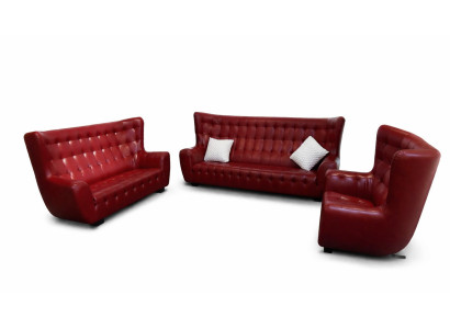 Sofagarnitur Chesterfield Sessel Sofa Set 3 tlg Ledersofa Rot Modern
