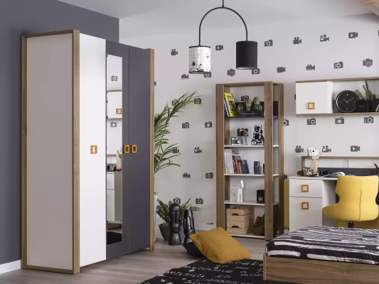 Kinderzimmer Garnitur Bettrahmen Bett Set Schreibtisch Grau 5tlg Holz
