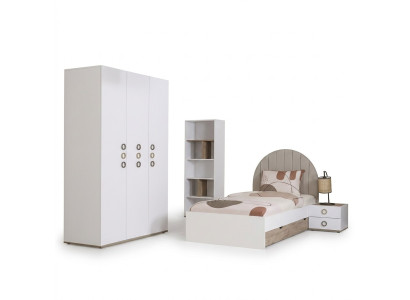 Jugendbett Garnitur Kinderzimmer Nachttisch Bett Holz Weiß Set 4tlg