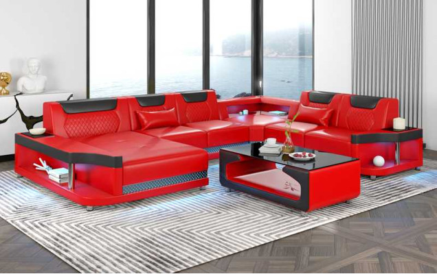 Großes Sofa Wohnlandschaft LED XXL U Form Ecksofa Ledersofa Schwarz