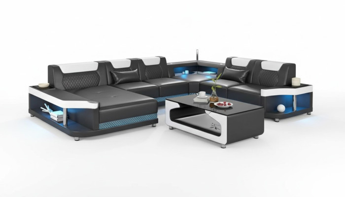Großes Sofa Wohnlandschaft LED XXL U Form Ecksofa Ledersofa Schwarz