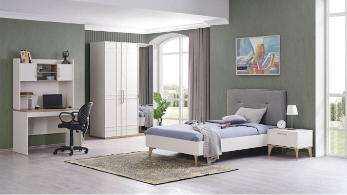 Kinderbett Bett 100 cm Jugendbett Holz Grau Kinderzimmer Stoff Modern