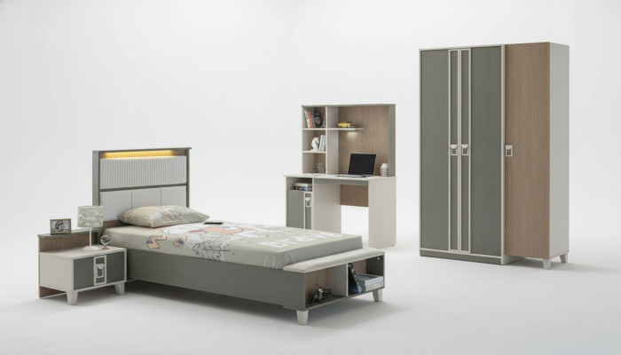 Garnitur Kinderzimmer Bett Kinderbett Kindermöbel Grau Holz Set 4tlg