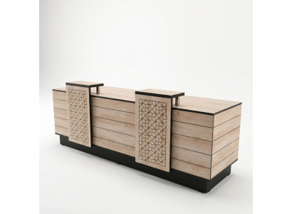 Rezeption Empfangsschalter Empfangstheke Büro Hotel Holz Braun Tisch