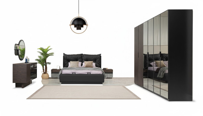 Doppelbett Garnitur Schlafzimmer Bett Nachttische Schwarz Set 6tlg