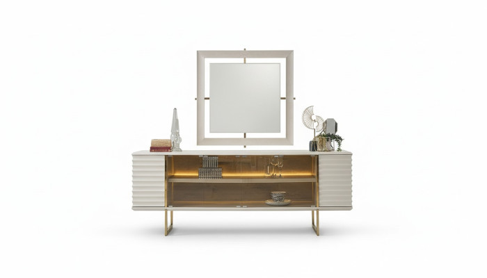 Anrichte Garnitur Sideboard mit Spiegel Esszimmer Holz Beige Kommode