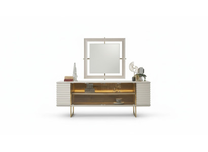 Anrichte Garnitur Sideboard mit Spiegel Esszimmer Holz Beige Kommode