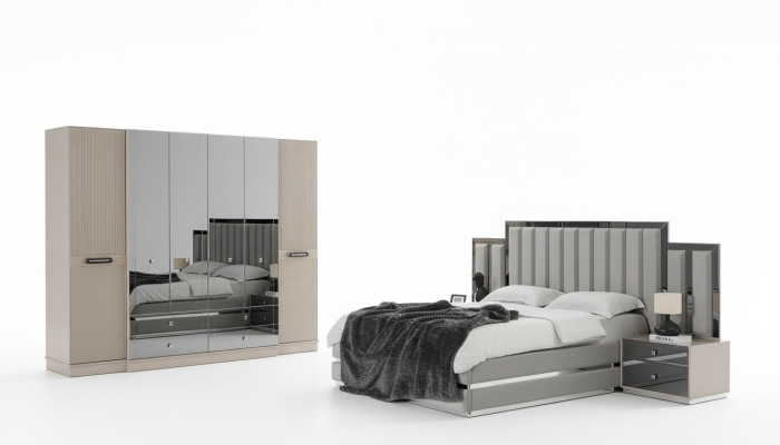 Komplette Schlafzimmer Doppelbett Bett Nachttische 4tlg Grau Schrank