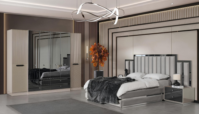 Garnitur Schlafzimmer Doppelbett Bett Nachttische 3tlg Grau Schrank