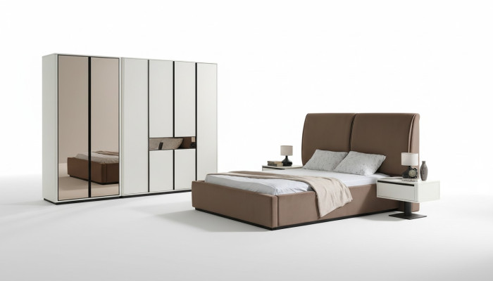 Schlafzimmer Garnitur Doppelbett Bett Nachttische 4tlg Beige Schrank