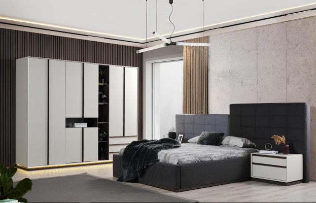 Schlafzimmerbett Garnitur Doppelbett Bett Nachttische 3tlg Grau Modern