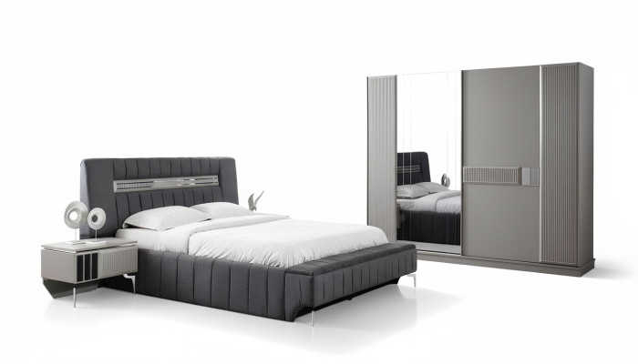 Schlafzimmer Garnitur Doppelbett Bett Nachttische 4tlg Grau Schrank
