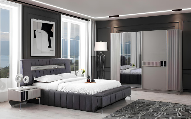Doppelbett Garnitur Nachttische Schlafzimmer Bett 3tlg Grau Bettrahmen