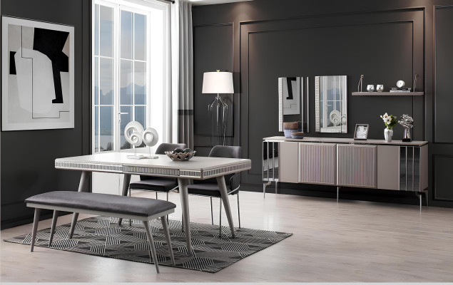 Garnitur Sideboard mit Spiegel Schrank Anrichte Grau Kommode Holz