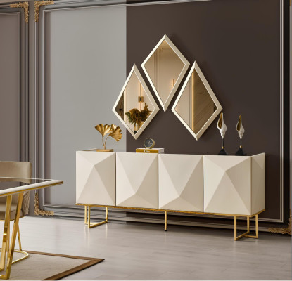 Garnitur Sideboard mit Spiegel Schrank Anrichte Beige Kommode Holz Set