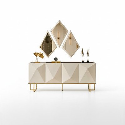 Garnitur Sideboard mit Spiegel Schrank Anrichte Beige Kommode Holz Set