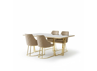 Moderne Essgruppe Luxus Essecke Esstisch Esstisch Stühle 7tlg Beige Gold Set