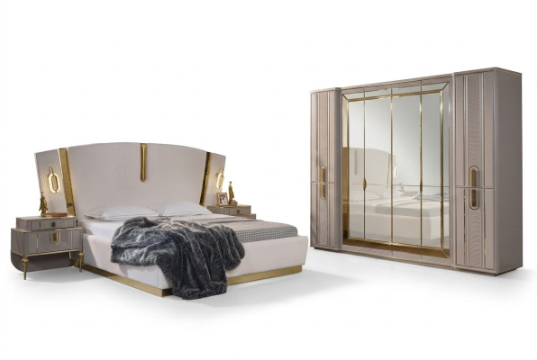 Doppelbett Garnitur Schlafzimmer Bett Nachttische 4tlg Beige Schrank