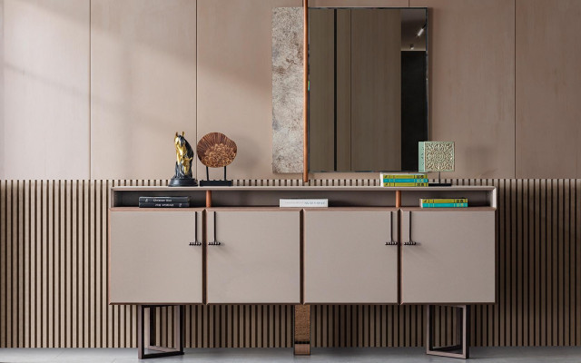 Garnitur Sideboard mit Spiegel Anrichte Schrank Holz Kommode Grau