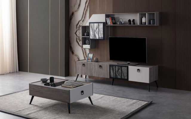 Sideboard Wohnzimmer TV Ständer RTV Lowboard Schrank Holz Grau Kommode