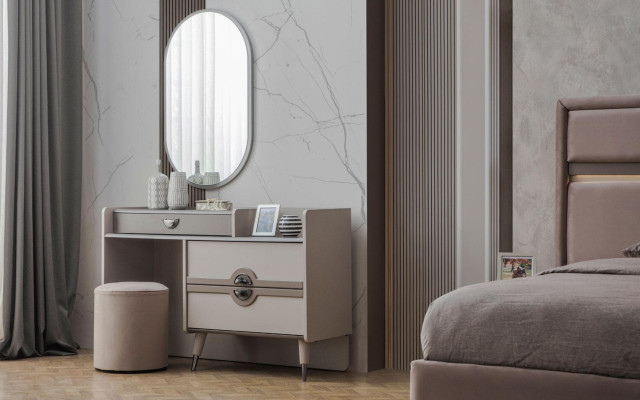 Garnitur Doppelbett Bett Nachttische Beige 6tlg Schminktisch Moderne