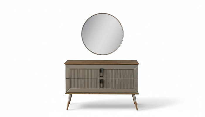 Braune Designer Kommode Edler Rundspiegel Luxus Schminktisch Set 2tlg