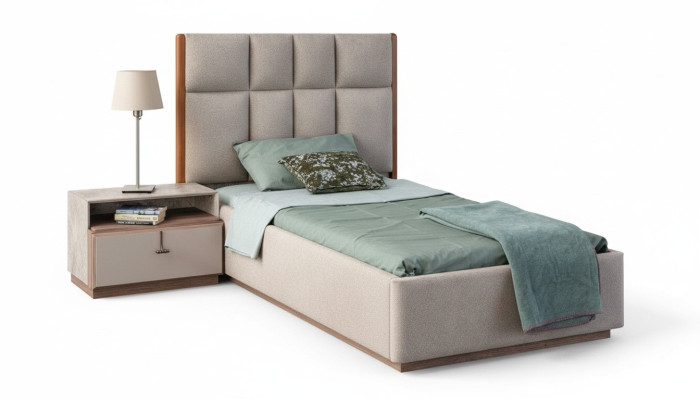 Beige Kinderzimmergarnitur Designer Einzelbett Holz Nachttisch 2tlg Set