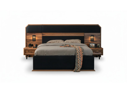 Braun-Schwarze Holz Schlafzimmer Garnitur Doppelbett 2x Nachttische 3tlg
