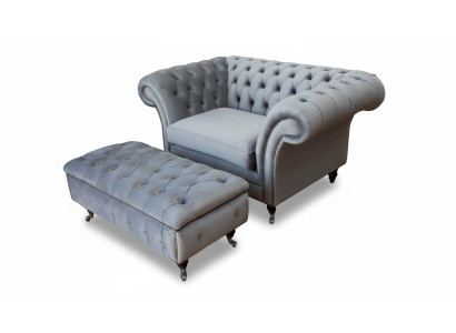Chesterfield Ohrensessel Hocker Sessel Couch Polster Set Grau Textil