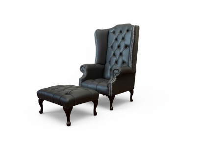 Sessel mit Hocker Designer Polstersessel Chesterfield Ohrensessel Neu