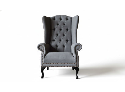 Ohrensessel Chesterfield Sofa Couch Polster 1 Sitzer Grau Sessel Textil