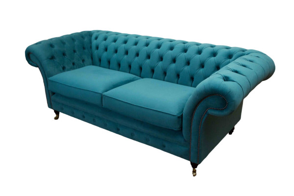 Chesterfield Dreisitzer Blau Stoff Wohnzimmer Design Polster Sofa