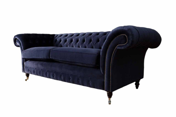 Klassich Chesterfield Wohnzimmer Samt Couch Blau 3 Sitzer Textil Sofas