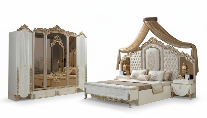 Schlafzimmer Set Bett 2x Nachttische Hocker Luxus neu 5tlg Design Holz