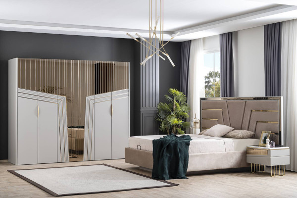 Modern Schlafzimmer Set Luxus Bett 2x Nachttische Kleiderschrank 6tlg.