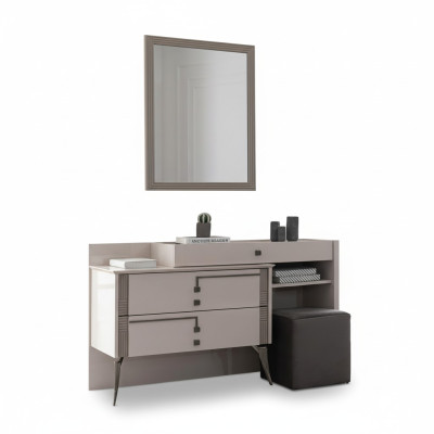 Graue Schlafzimmer Einrichtung Designer Textilbett 2x Holz Nachttische