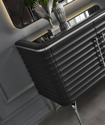 Stilvolle Esszimmer Garnitur Luxus Schwarzes Sideboard Spiegel Holzmöbel