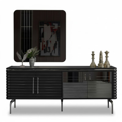 Stilvolle Esszimmer Garnitur Luxus Schwarzes Sideboard Spiegel Holzmöbel