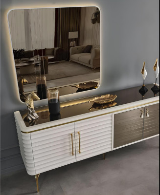 Weiß-Graue Esszimmer Garnitur Holztisch 6x Textil Stühle Sideboard 9tlg