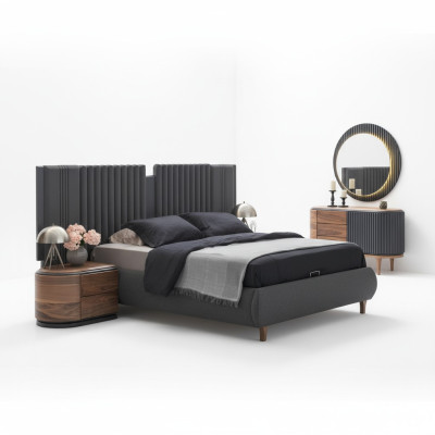 Moderne Graue Schlafzimmer Garnitur Textilbett Holz Nachttische Kommode