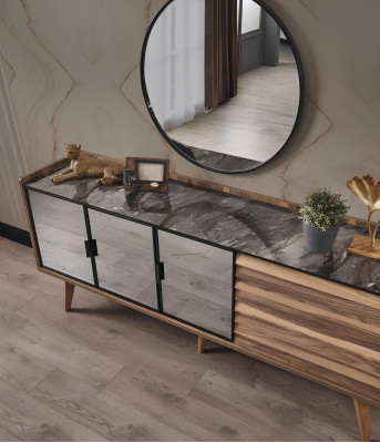 Braunes Esszimmer Set Stilvolles Sideboard Rundspiegel Holzmöbel 2tlg