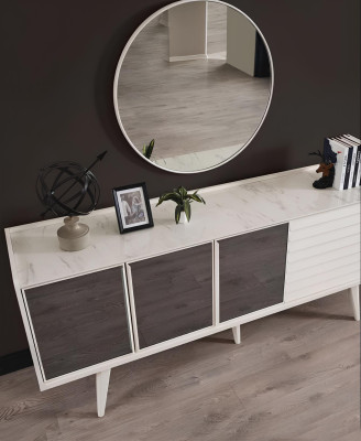 Weißes Sideboard Luxuriöser Rundspiegel Designer Holzmöbel 2tlg Set Neu