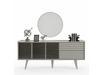 Weißes Sideboard Luxuriöser Rundspiegel Designer Holzmöbel 2tlg Set Neu