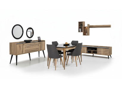 Schwarz-Braunes Esszimmer Set Esstisch 4x Stühle Sideboard Spiegel 8tlg