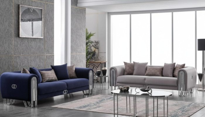 Samt Couch Silber Luxus Sofagarnitur 3+3 Sitzer Couchen Sofa 2tlg.