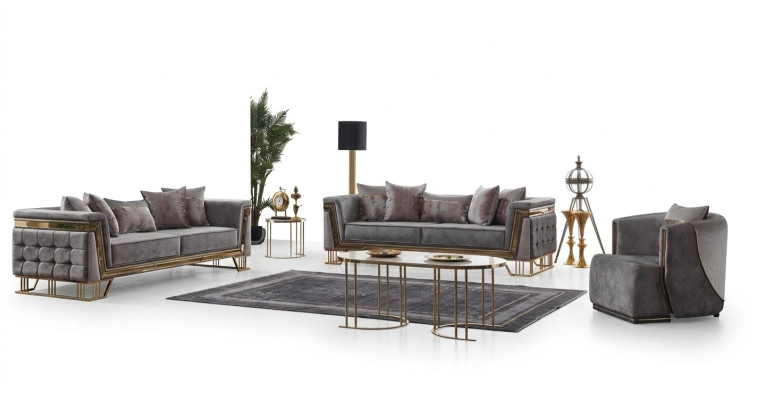 Luxus Graue Sofagarnitur Dreisitzer mit Sessel Modernes Set Couchen Sofa