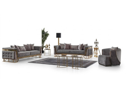 Luxus Graue Sofagarnitur Dreisitzer mit Sessel Modernes Set Couchen Sofa