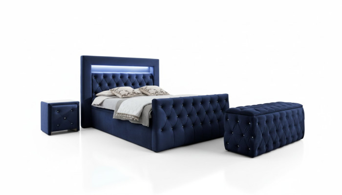 Dunkelblaue Chesterfield Schlafzimmer Möbel LED-Doppelbett Nachtkonsolen